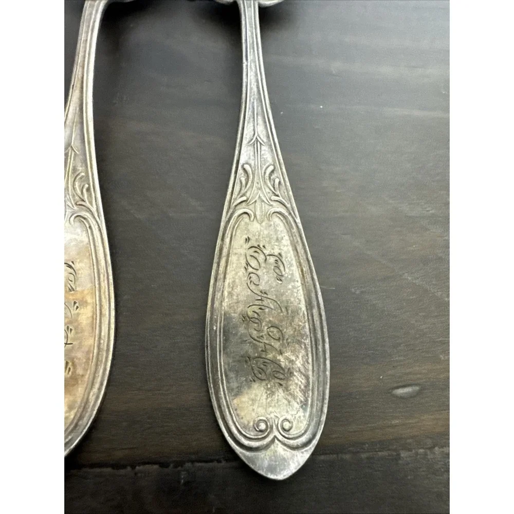 Vintage Antique Old HALL & ELTON Silverplate 2 Serving Spoons 8.5